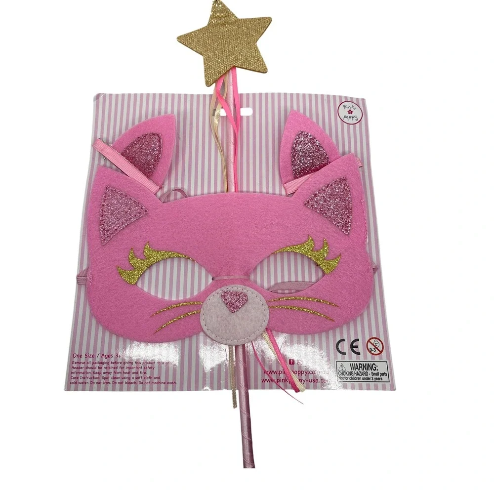 Pink Cat Mask & Gold Star Wand Set - Dress Up, Pretend‎ Play, Halloween Costume